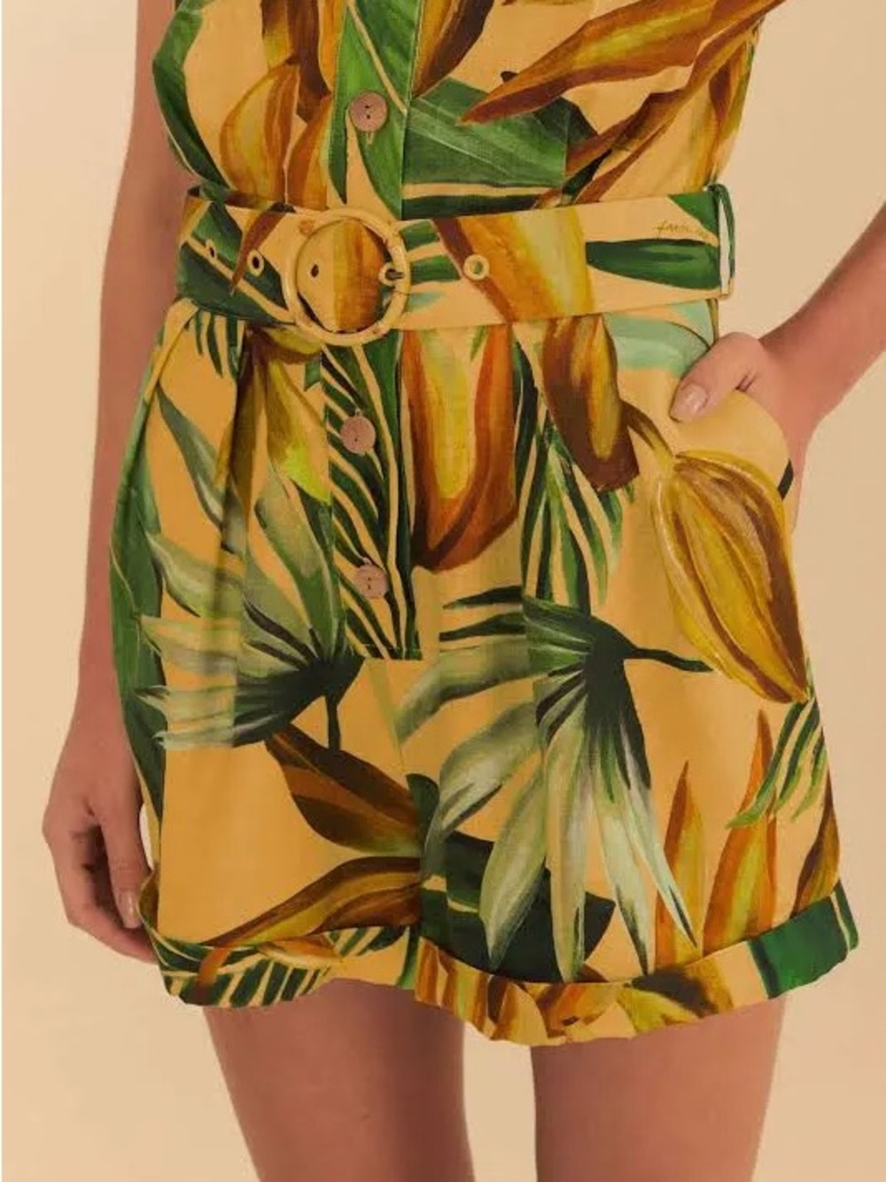 NWT FARM Rio Tropical Leaf Print Belted Jumpsuit — Green & Cream - Picture 13 of 16